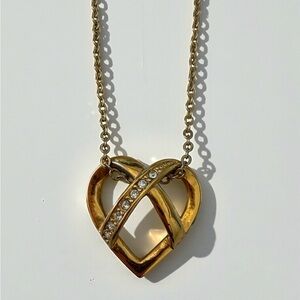 Vintage Signed NR Gold Tone & Rhinestone Heart Pendant Necklace